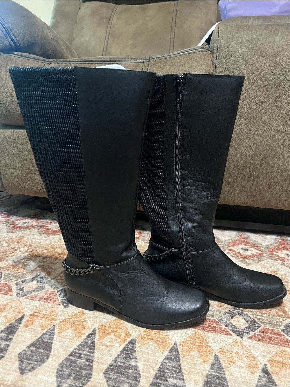 Women's Black Mid-Calf Riding Boots with Chain Accent